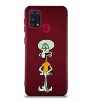 Samsung Galaxy M31 Soft Premier Kapak Squidward Dokunaç Tasarımlı Silikon Kılıf - Mürdüm (Şeffaf)