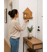 Doğal Ahşap Ev Tasarımlı Duvar Rafı - 5 Kancalı Anahtarlık & Askılık 18x26