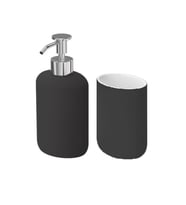 2 Li Banyo Seti Ekoln Sıvı Sabunluk Diş Fırçalık Koyu Gri Renk Stoneware
