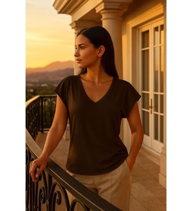 Kadın Kahverengi Viskon Ön Arka V Yakalı T-shirt Yarasa Kol Relaxed Bluz