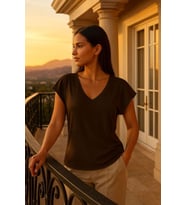 Kadın Kahverengi Viskon Ön Arka V Yakalı T-shirt Yarasa Kol Relaxed Bluz