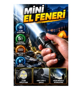 3 LED Mini El Feneri USB Type-C Şarjlı 5 Modlu Taşınabilir Aydınlatma