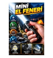 3 LED Mini El Feneri USB Type-C Şarjlı 5 Modlu Taşınabilir Aydınlatma