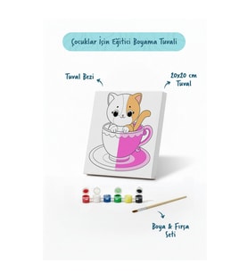 Kupa İçinde Sevimli Kedi Çocuk Boyama Tuvali – Şövalesiz Boyama Seti 20x20 cm