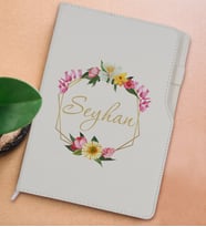 BK Gift Kişiye Özel Çiçek Tasarımlı Beyaz Termo Deri Not Defteri 15x21cm-9