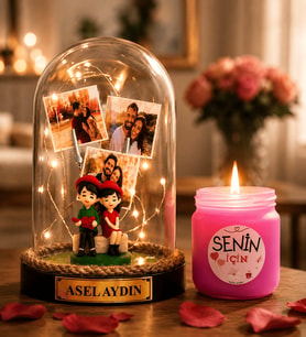 Kişiye Özel 3 Fotoğraflı LED Işıklı Fanus(oturan çiftli) ve Kokulu Mum Hediye Seti