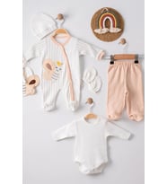 Kelebek Nakışlı Tulumlu % 100 Pamuk Erkek Bebek 5'li Set (Kahverengi)