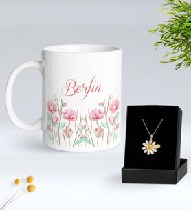 BK Gift Kişiye Özel İsimli Çiçek Tasarımlı Beyaz Kupa ve Papatya Kolye Hediye Seti - 15, Sevgiliye Hediye, Anneye Hediye, Arkadaşa Hediye