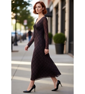 Kadın Ekose Desenli Bodycon Maxi Elbise V Yaka Uzun Kollu Tül Dokulu Bağlama Detaylı Kışlık Şıklık