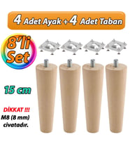 Ahşap Ayak 15 Cm 8'li Set M8 Civatalı Bağlantı Aparatlı Dolap Mobilya Koltuk Kanepe Destek Ayağı Ayakları