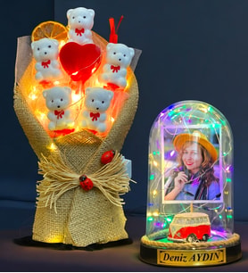 Kişiye Özel Renkli Led Işıklı Fanus ve Led Işıklı Ayıcık Buketi Hediye Seti (Model 2)