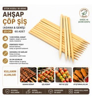 60 Adet Ahşap Geniş Çöp Şiş - Adana Kebap Şişi - 25 cm