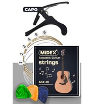 Midex AGX-20C Akustik Gitar Teli Takımı Pena ve Kapo (Capo) Seti