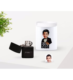 BK Gift Kişiye Özel Babalar Günü Hediyesi Godfather Baba Karikatürlü Seramik Kül Tablası ve Benzinli Çakmak Seti-4 (Model 1)
