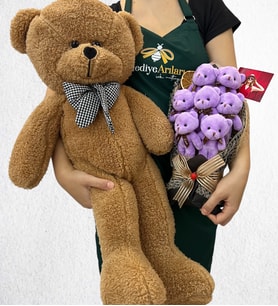 Kişiye Özel Fotoğraflı 7'li Peluş Ayıcık Buketi ve Büyük Boy Kahverengi Peluş Ayıcık (Model 3)