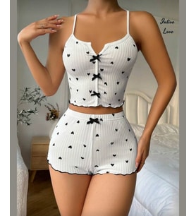 Intive Comfort Kalp Desenli V Yaka İnce Askılı Mini Şortlu Büstiyer Takım/Pijama Takımı (Beyaz)