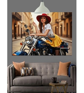 Motosikletli Retro Şapkalı Kadın Dekoratif Kanvas - Mdf Ahşap Tablo