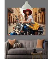 Motosikletli Retro Şapkalı Kadın Dekoratif Kanvas - Mdf Ahşap Tablo