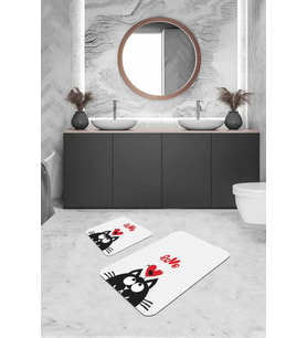 Ekru Kedi Desenli Banyo Halısı Klozet 2'li Paspas Seti BS249