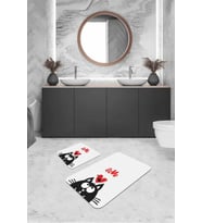 Ekru Kedi Desenli Banyo Halısı Klozet 2'li Paspas Seti BS249