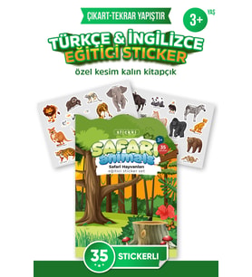 Eğitici Sticker Aktivite Kitabı Türkçe & İngilizce a4 +35 ad. (Safari Hayvanları) Sticker / 3-7 Yaş