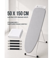 HEDİYELİ Beylini Ütü Masası Kılıfı Ütü Bezi ve Gerdirme Kayışı 50x150 CM Lastikli 4 Katmanlı Süngerli Pamuklu Isıya Dayanıklı Ütü Kılıfı