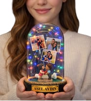 Kişiye Özel Tasarım Renkli Led Işıklı Fanus Size Özel Yazılı ve 3 Fotoğraflı (Model 1)