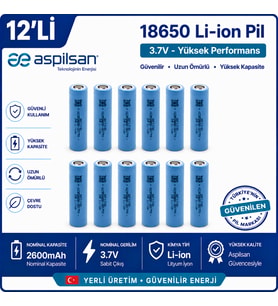Aspilsan 18650 2600mAh 3.7V Li-ion Şarjlı Pil 12'li Paket INR18650A28 Orijinal Lityum İyon Batarya Powerbank, E-Bisiklet, UPS ve Solar Sistemler İçin