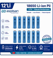 Aspilsan 18650 2600mAh 3.7V Li-ion Şarjlı Pil 12'li Paket INR18650A28 Orijinal Lityum İyon Batarya Powerbank, E-Bisiklet, UPS ve Solar Sistemler İçin