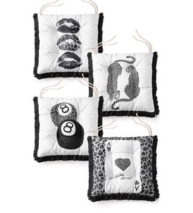 Leopar Desenli Bağcıklı Pofuduk Sandalye Minderi 4'lü Set