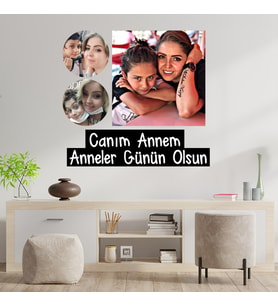 Anneler Gününe Özel Canım Annem Yazılı Yuvarlak ve Kare Şekilli 3 Fotoğraflı Kolaj Ahşap Tablo