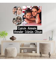 Anneler Gününe Özel Canım Annem Yazılı Yuvarlak ve Kare Şekilli 3 Fotoğraflı Kolaj Ahşap Tablo