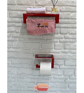Metal Kırmızı 2'li Set 30cm Havlu Askılığı Ve Tuvalet Kağıdı Askılığı