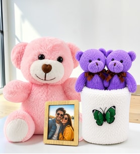 Kişiye Özel Fotoğraflı Pembe Peluş Ayıcık ve Peluş Saksıda Ayıcık Buketi Arkadaşa Kadına Sevgiliye Hediye Seti