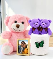 Kişiye Özel Fotoğraflı Pembe Peluş Ayıcık ve Peluş Saksıda Ayıcık Buketi Arkadaşa Kadına Sevgiliye Hediye Seti