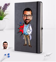 BK Gift Kişiye Özel Erkek Doktor Karikatürlü Siyah Termo Deri Defter 16x24cm Model 3