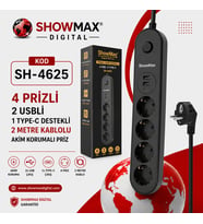 TAYFUN SHOWMAX SH-4625 TERMAL AKIM KORUMALI PRİZ 2 METRE (4 PRİZ + 2 USB + 1 TYPE-C)