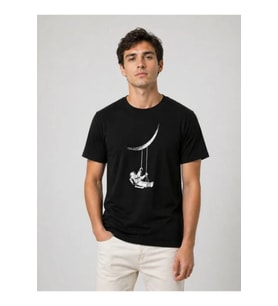 Erkek Astronot Ay Temalı Tişört Kısa Kol Yazlık Bisiklet Yaka T-Shirt - Siyah