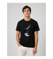 Erkek Astronot Ay Temalı Tişört Kısa Kol Yazlık Bisiklet Yaka T-Shirt - Siyah
