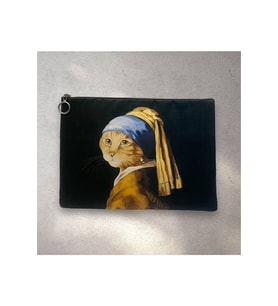 İnci Küpeli Kedi Tablo Clutch Portföy Çanta (Siyah-Siyah)