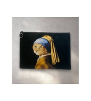 İnci Küpeli Kedi Tablo Clutch Portföy Çanta (Siyah-Siyah)
