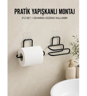 2 Adet Yapışkanlı WC Kağıtlık Siyah Metal Pratik Duvar Tipi Rulo Tutucu