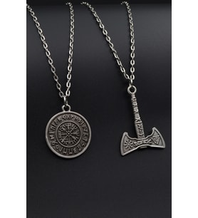 2'li Viking Pusula - Viking Balta Erkek Kadın Kolye Seti 925 Ayar Gümüş Kaplama
