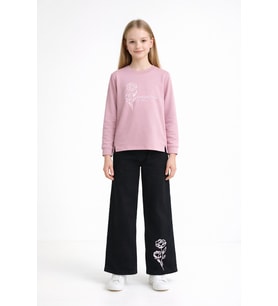 Pembe Gül Nakışlı Badili Jean Pantolonlu Kız Çocuk 2li Takım 23750