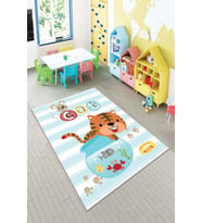 Mavi Kaymaz Tabanlı Yıkanabilir Kedili Bebek Halısı AR046