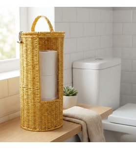 Askılı Plastik Rattan Tuvalet Kâğıdı Standı – Hasır Görünümlü, Kapaklı, Yedekli WC Kâğıtlık, Banyo ve Tuvalet İçin Dekoratif Organizer (5680)