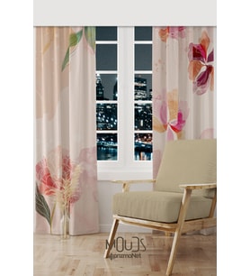 Flower Art Desenli Süet Oturma Odası Salon Fon Perde Baskılı Ekstrafor Büzgü 2 Kanat PRD-1030