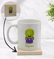BK Gift Kişiye Özel Kaktüs Tasarımlı Beyaz Kupa Bardak ve Ahşap Bardak Altlığı Hediye Seti - Model 10