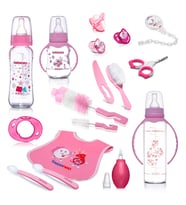 Mega Cam Biberon Set, Önlük Silikon Kaşık Emzikler Burun Aspiratörü Hediyelik Bebek Cam Biberon Seti (Pembe)