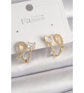 Pirinç Gold Renk Düğüm Model Zirkon Taşlı Kalp Detay Kadın Küpe - TJ-BKP9909
